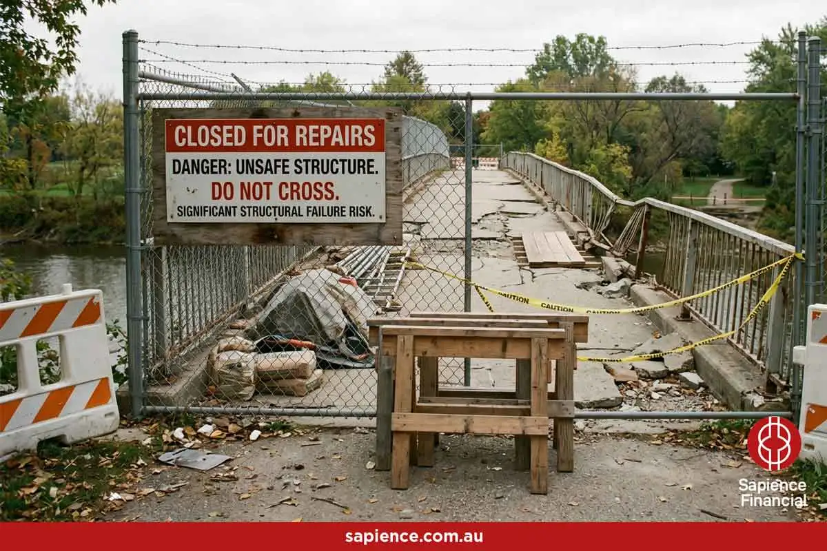 A closed bridge unsafe to travel on