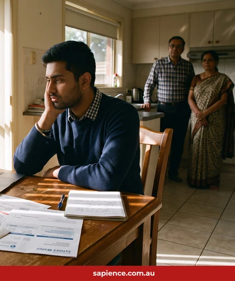 depressed adult male sitting at desk with parents in the shadows