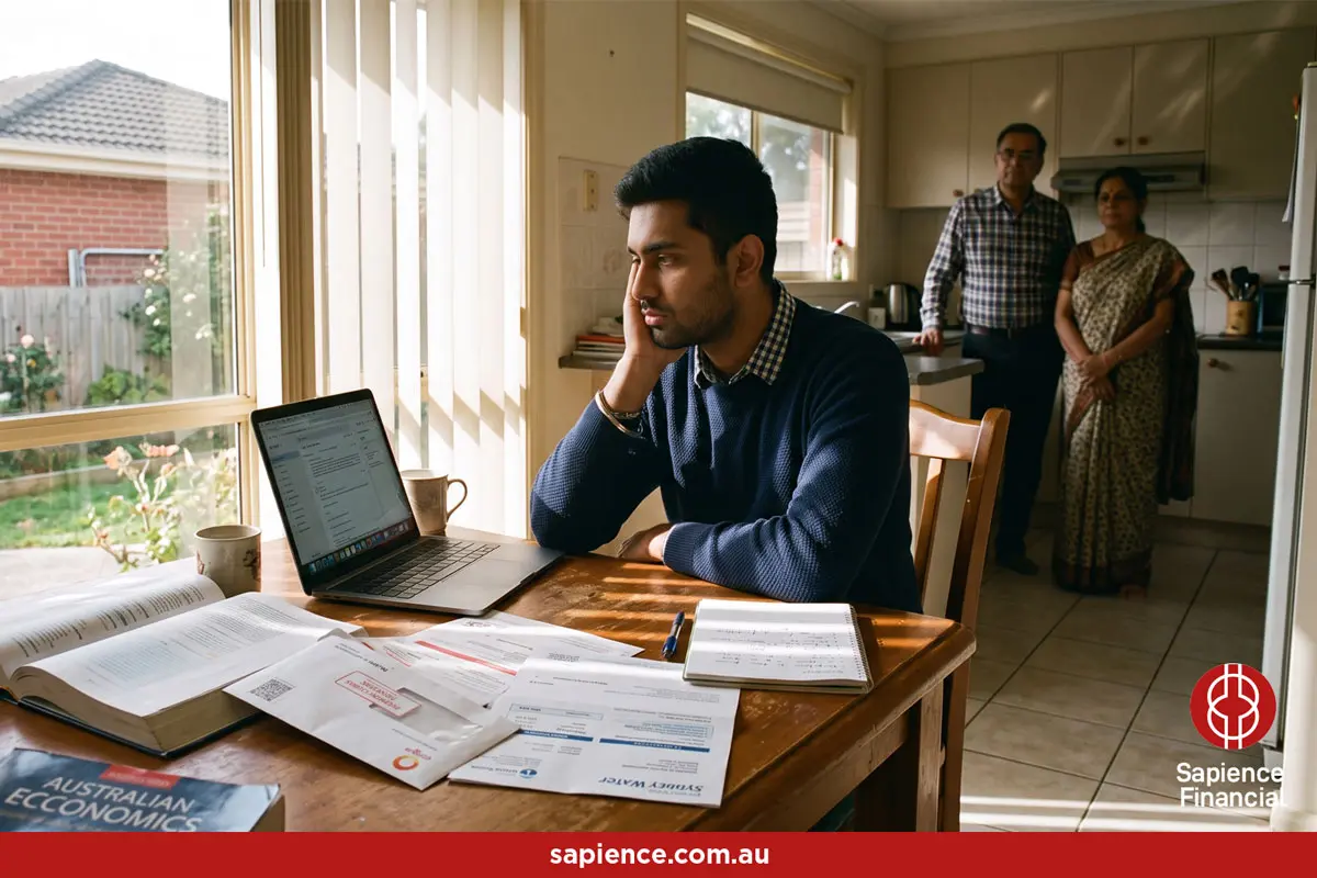 depressed adult male sitting at desk with parents in the shadows