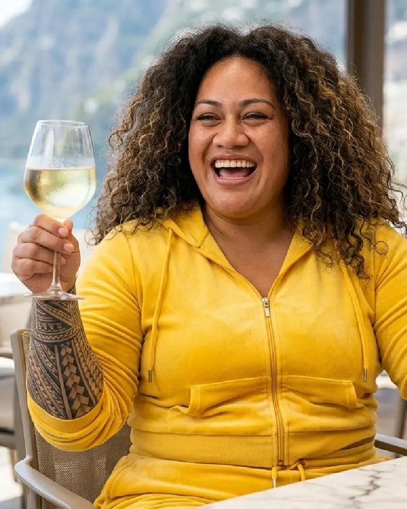 Roxy Bistro Queen in yellow tracksuit