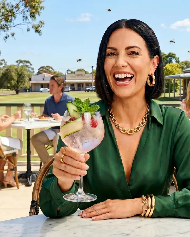 Women in green with cocktail sitting outside at a country pub