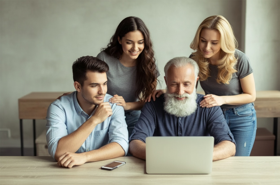 a family with a SMSF lookimg at theoir administration portal on a laptop