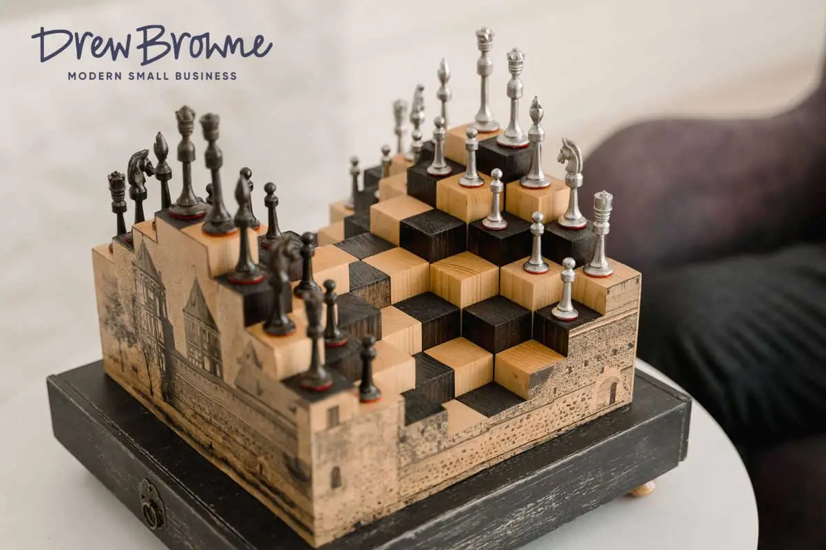 An intricately handcrafted chess board made of elevated blocks of wood